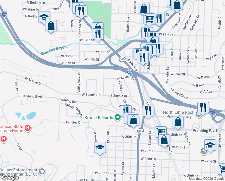 map of restaurants, bars, coffee shops, grocery stores, and more near 205 East Scenic Drive in North Little Rock