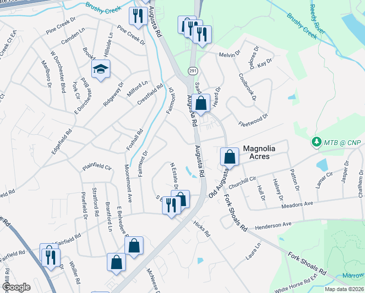 map of restaurants, bars, coffee shops, grocery stores, and more near 109 Woodmont Circle in Greenville