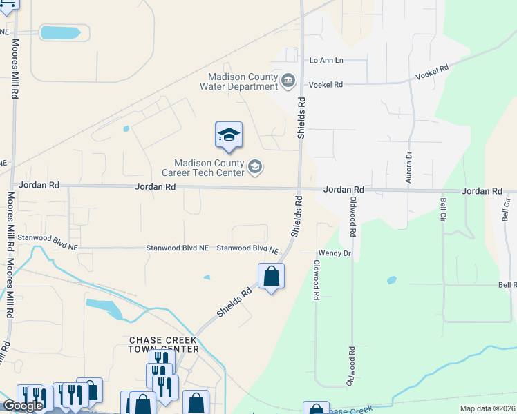 map of restaurants, bars, coffee shops, grocery stores, and more near 1236 Jordan Road in Huntsville