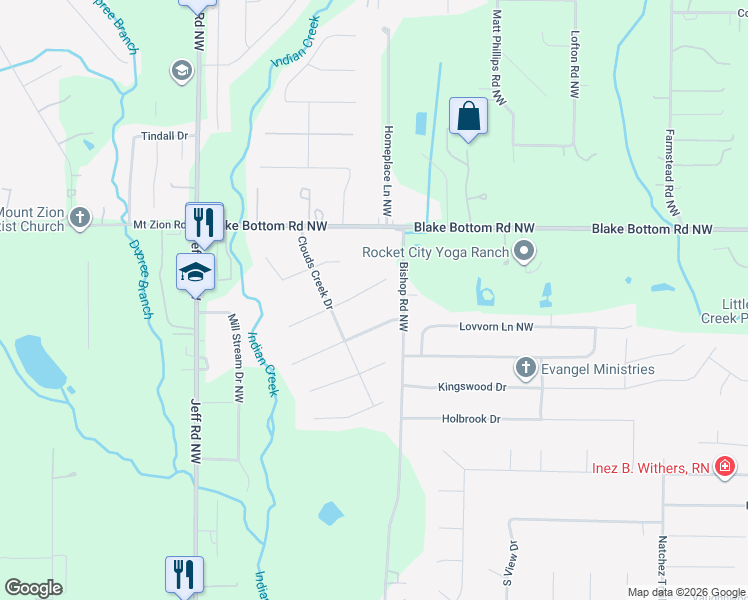 map of restaurants, bars, coffee shops, grocery stores, and more near 103 Hidden Creek Drive in Huntsville