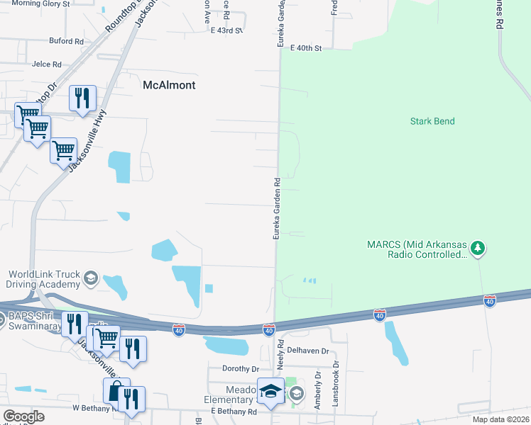map of restaurants, bars, coffee shops, grocery stores, and more near 6416 Sydney Road in North Little Rock