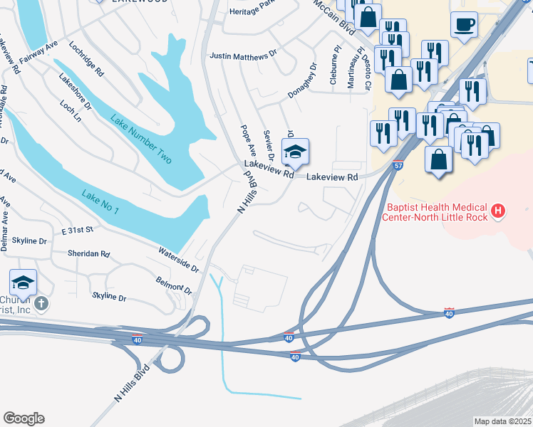 map of restaurants, bars, coffee shops, grocery stores, and more near 67 Market Plaza in North Little Rock