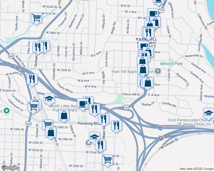 map of restaurants, bars, coffee shops, grocery stores, and more near 524 West A Avenue in North Little Rock