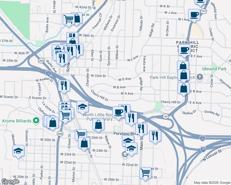 map of restaurants, bars, coffee shops, grocery stores, and more near 900 West A Avenue in North Little Rock