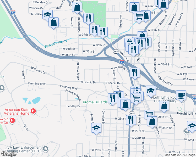 map of restaurants, bars, coffee shops, grocery stores, and more near 103 West Scenic Drive in North Little Rock