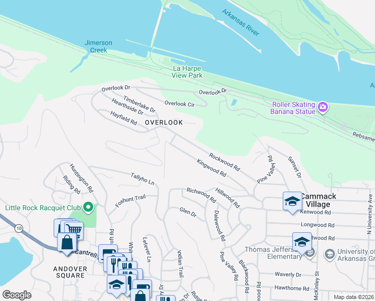 map of restaurants, bars, coffee shops, grocery stores, and more near 7333 Kingwood Road in Little Rock