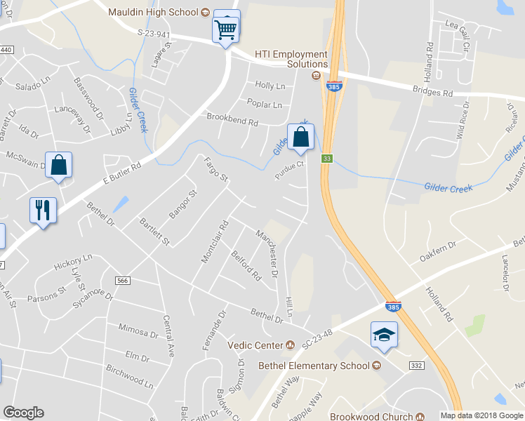 map of restaurants, bars, coffee shops, grocery stores, and more near 10 Danbury Lane in Mauldin