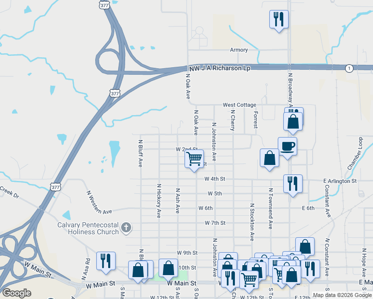 map of restaurants, bars, coffee shops, grocery stores, and more near 905 North Oak Avenue in Ada