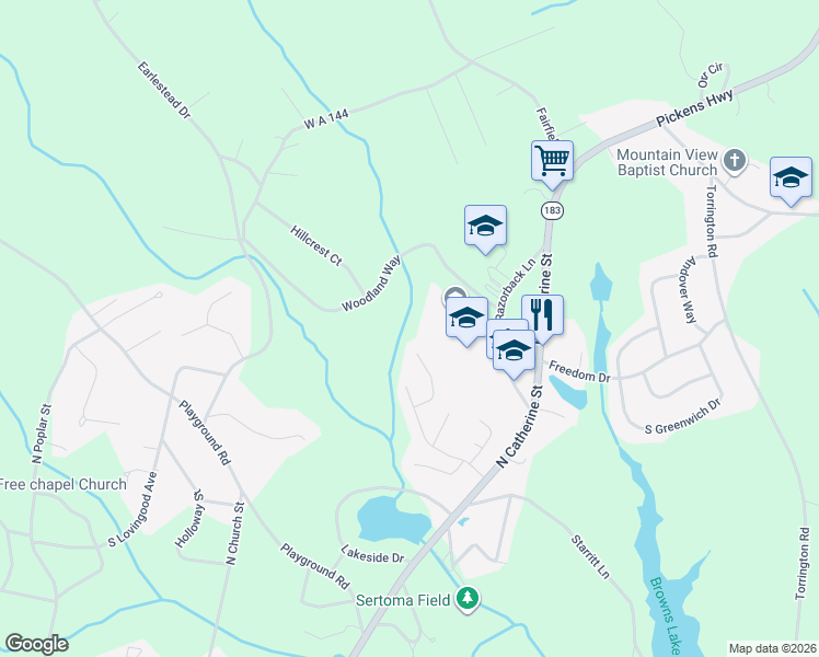 map of restaurants, bars, coffee shops, grocery stores, and more near 437 Den Ridge Drive in Walhalla