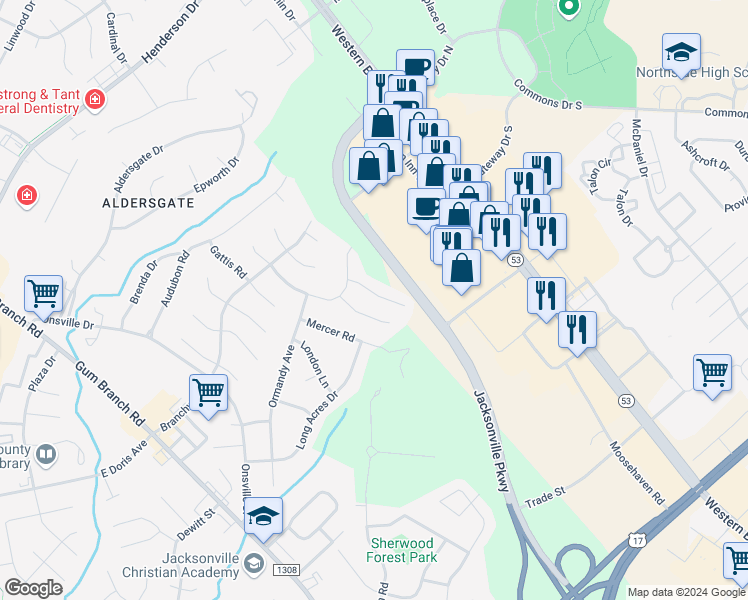 map of restaurants, bars, coffee shops, grocery stores, and more near 610 Walden Place in Jacksonville