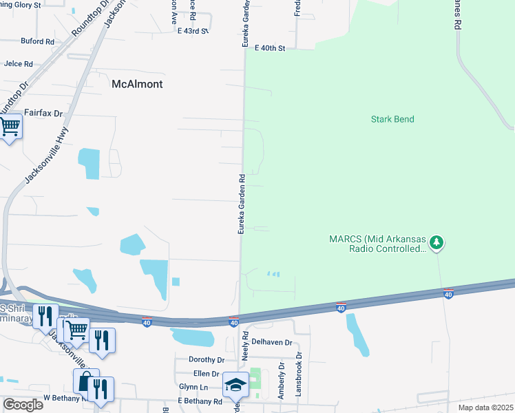 map of restaurants, bars, coffee shops, grocery stores, and more near 1256 Eureka Garden Road in North Little Rock