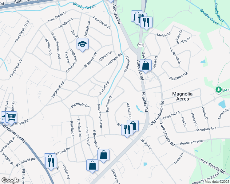 map of restaurants, bars, coffee shops, grocery stores, and more near 305 Fairmont Drive in Greenville