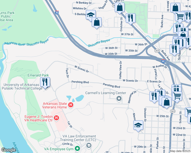 map of restaurants, bars, coffee shops, grocery stores, and more near 602 West Scenic Drive in North Little Rock