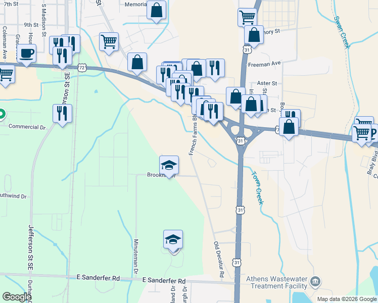 map of restaurants, bars, coffee shops, grocery stores, and more near 310 Brookhill Drive in Athens