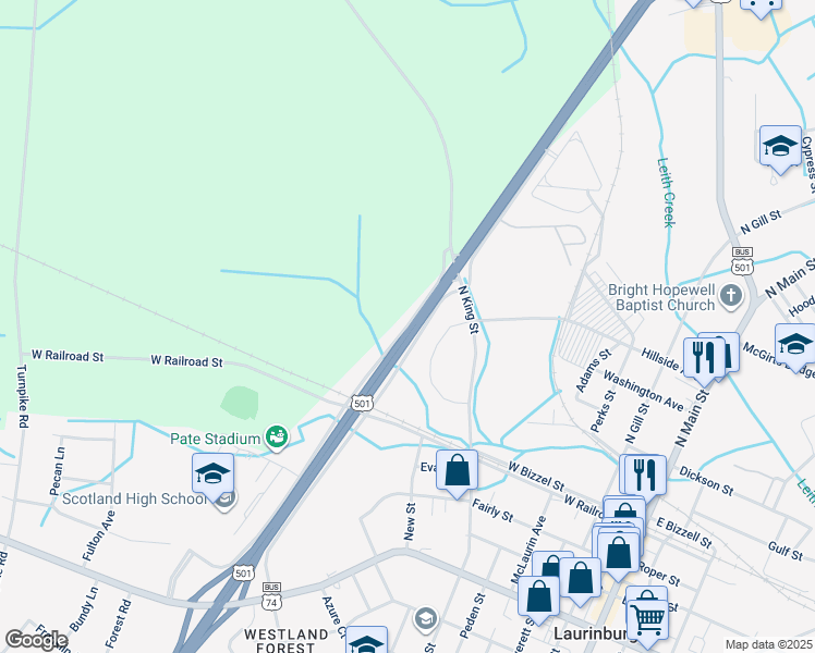 map of restaurants, bars, coffee shops, grocery stores, and more near Scotland High School Drive in Laurinburg