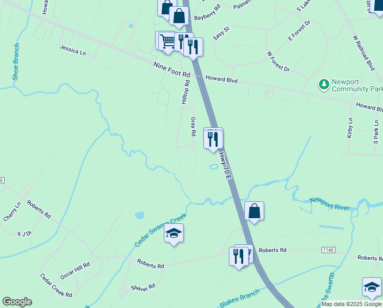 map of restaurants, bars, coffee shops, grocery stores, and more near 182 Gray Road in Newport