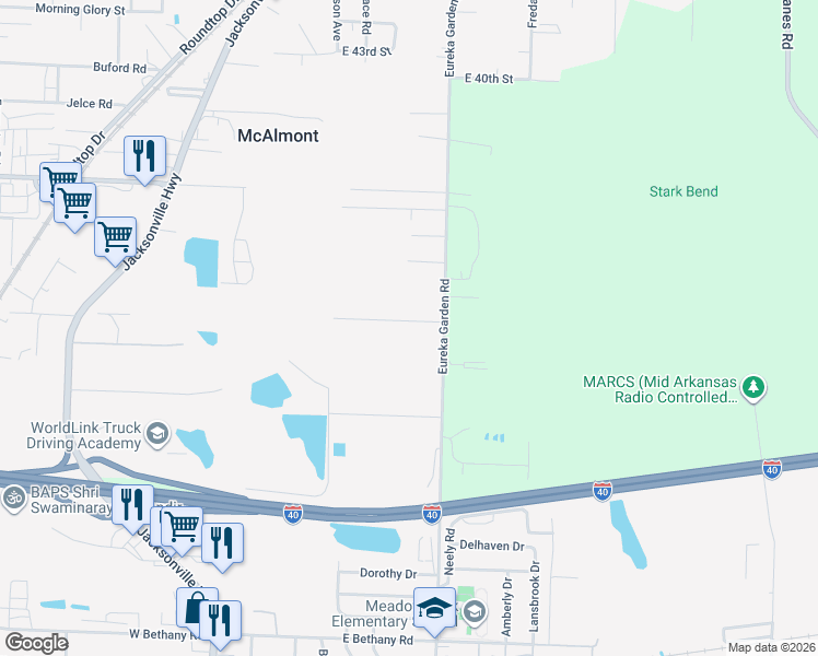 map of restaurants, bars, coffee shops, grocery stores, and more near 6416 Sidney Road in North Little Rock