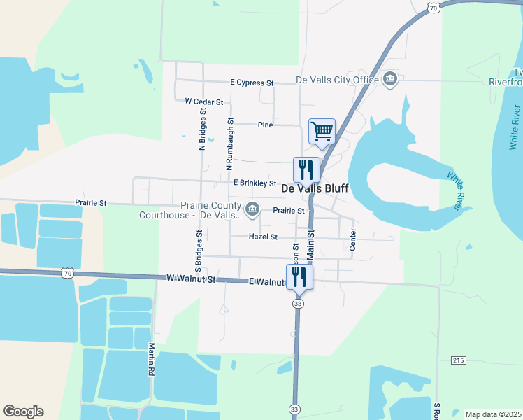 map of restaurants, bars, coffee shops, grocery stores, and more near 213 South Magnolia Street in De Valls Bluff