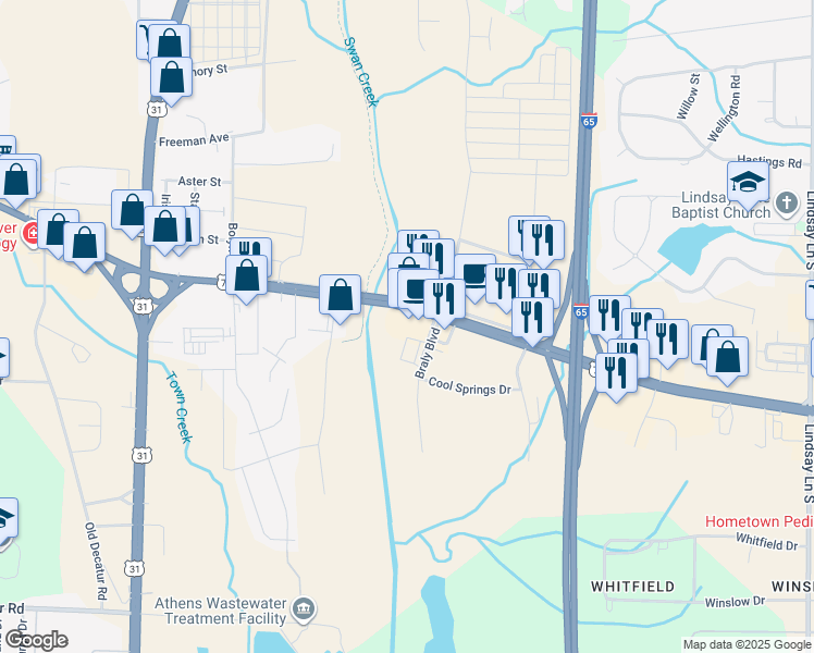 map of restaurants, bars, coffee shops, grocery stores, and more near 1036 U.S. 72 in Athens