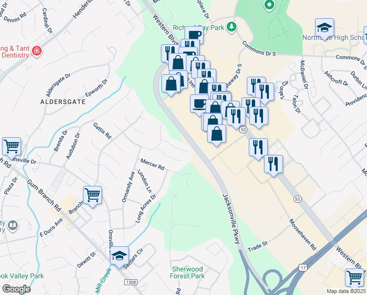 map of restaurants, bars, coffee shops, grocery stores, and more near 615 Walden Place in Jacksonville