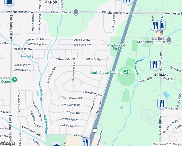 map of restaurants, bars, coffee shops, grocery stores, and more near 2108 Norris Road Northwest in Huntsville