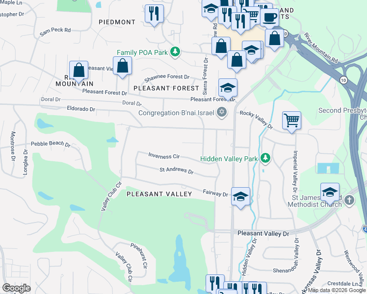 map of restaurants, bars, coffee shops, grocery stores, and more near 18 Inverness Circle in Little Rock