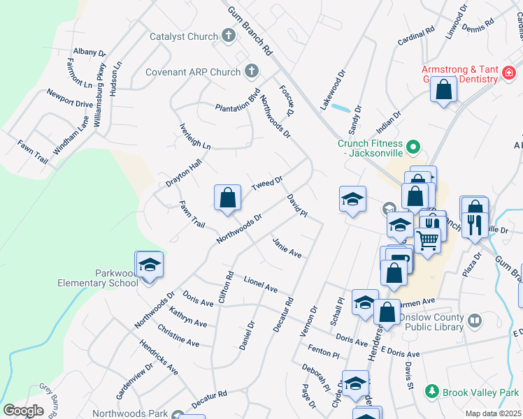 map of restaurants, bars, coffee shops, grocery stores, and more near 2610 Northwoods Drive in Jacksonville