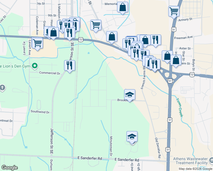 map of restaurants, bars, coffee shops, grocery stores, and more near 315 Brookhill Drive in Athens