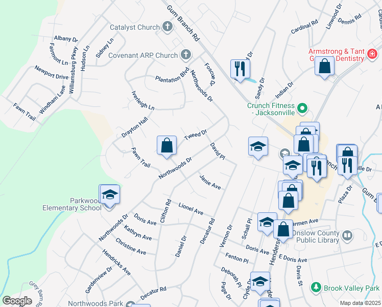 map of restaurants, bars, coffee shops, grocery stores, and more near 2610 Northwoods Drive in Jacksonville