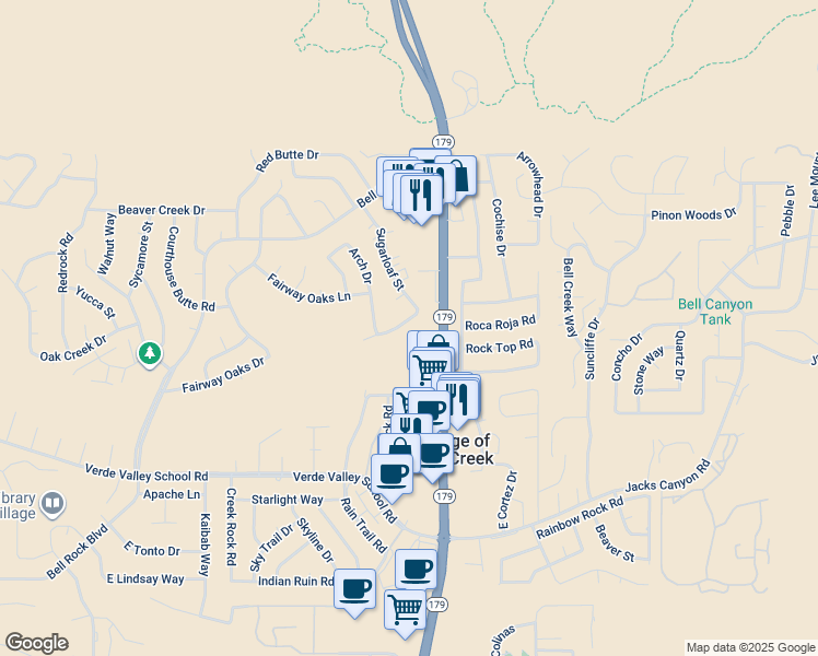 map of restaurants, bars, coffee shops, grocery stores, and more near 65 Chaparral Drive in Sedona