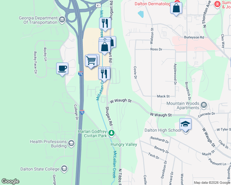 map of restaurants, bars, coffee shops, grocery stores, and more near 1806 Shadow Lane in Dalton