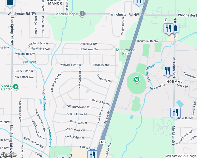 map of restaurants, bars, coffee shops, grocery stores, and more near 2108 Norris Road Northwest in Huntsville