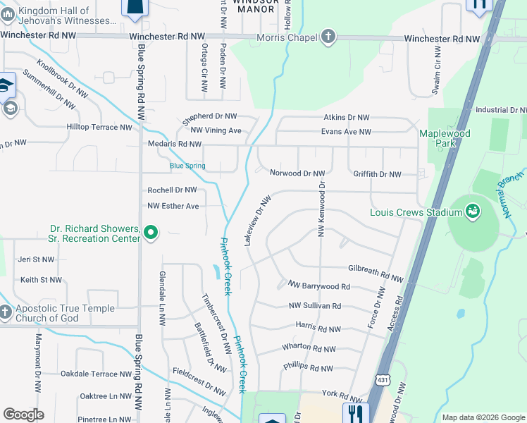 map of restaurants, bars, coffee shops, grocery stores, and more near 2218 Norris Road Northwest in Huntsville
