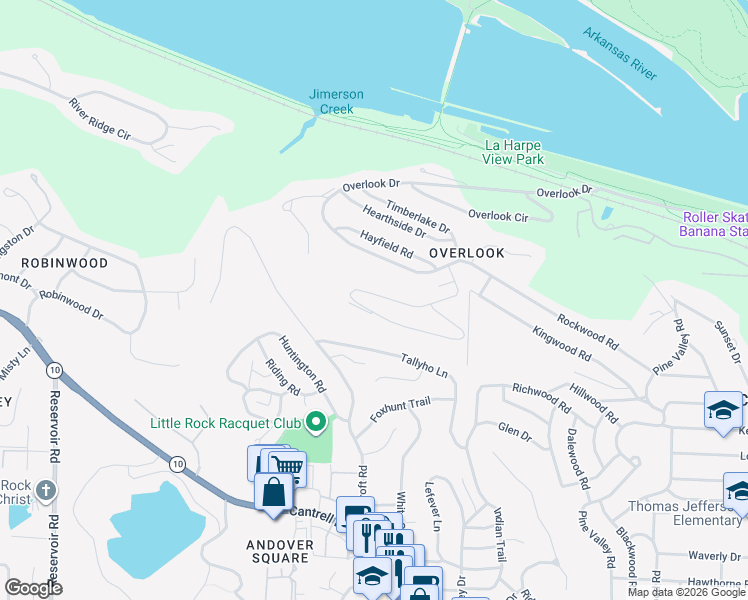 map of restaurants, bars, coffee shops, grocery stores, and more near 36 Woodglen Road in Little Rock