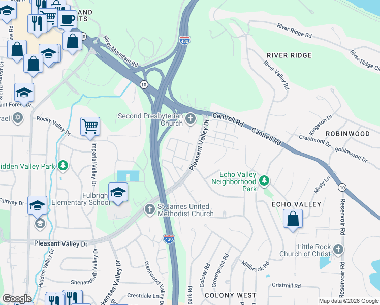 map of restaurants, bars, coffee shops, grocery stores, and more near 307 Cambridge Place Drive in Little Rock