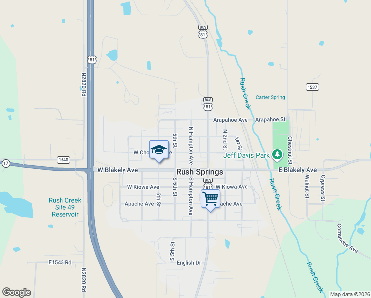 map of restaurants, bars, coffee shops, grocery stores, and more near 106 Hampton Road in Rush Springs
