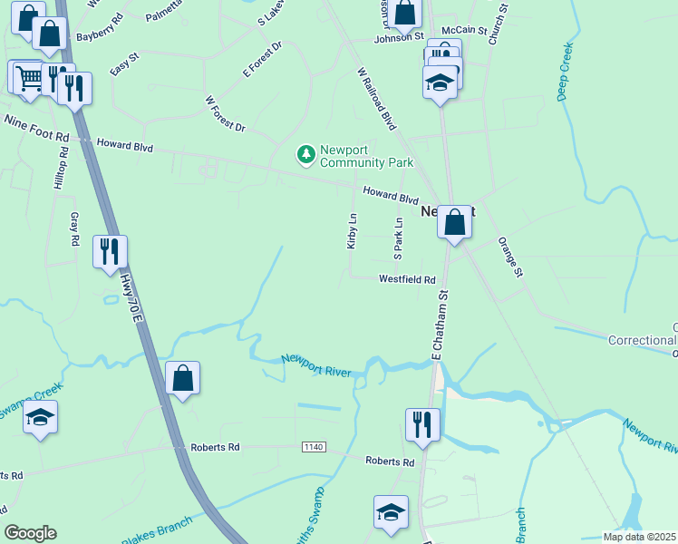 map of restaurants, bars, coffee shops, grocery stores, and more near 160 Kirby Lane in Newport
