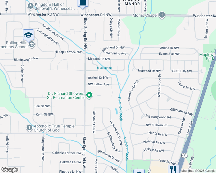 map of restaurants, bars, coffee shops, grocery stores, and more near 2401 Northwest Esther Avenue in Huntsville