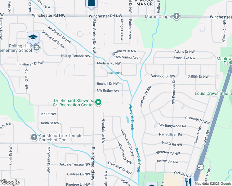 map of restaurants, bars, coffee shops, grocery stores, and more near 2401 Northwest Esther Avenue in Huntsville