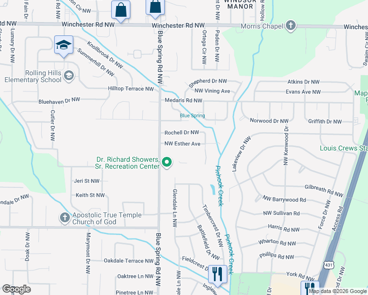 map of restaurants, bars, coffee shops, grocery stores, and more near 4600 Blue Spring Road Northwest in Huntsville