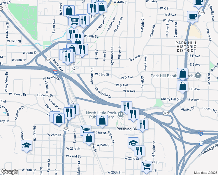 map of restaurants, bars, coffee shops, grocery stores, and more near 1005 Cherry Hill Drive in North Little Rock