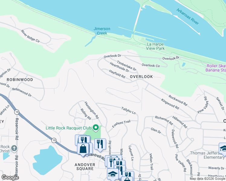 map of restaurants, bars, coffee shops, grocery stores, and more near 36 Woodglen Road in Little Rock