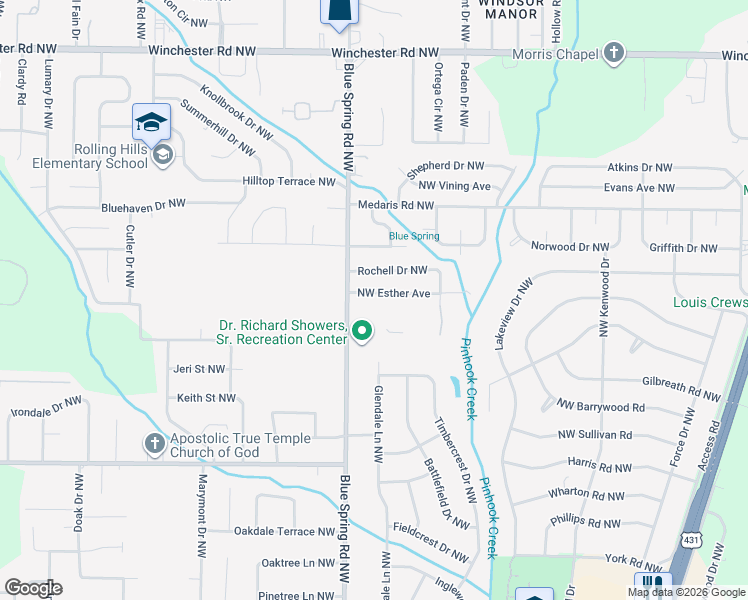map of restaurants, bars, coffee shops, grocery stores, and more near 2417 Northwest Esther Avenue in Huntsville