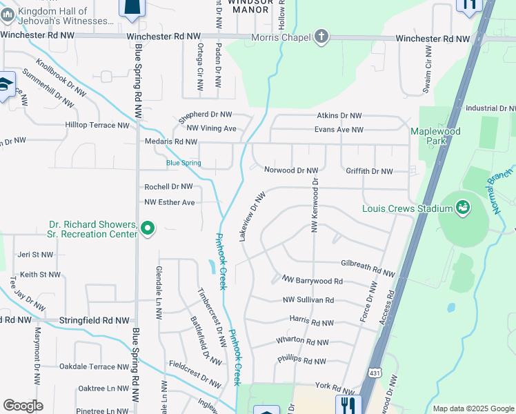 map of restaurants, bars, coffee shops, grocery stores, and more near 2218 Norris Road Northwest in Huntsville