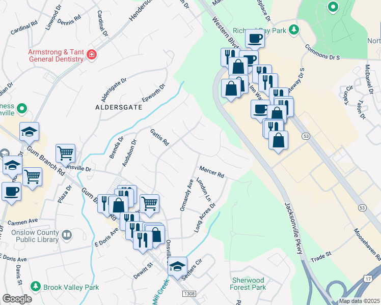 map of restaurants, bars, coffee shops, grocery stores, and more near 1008 Massey Road in Jacksonville