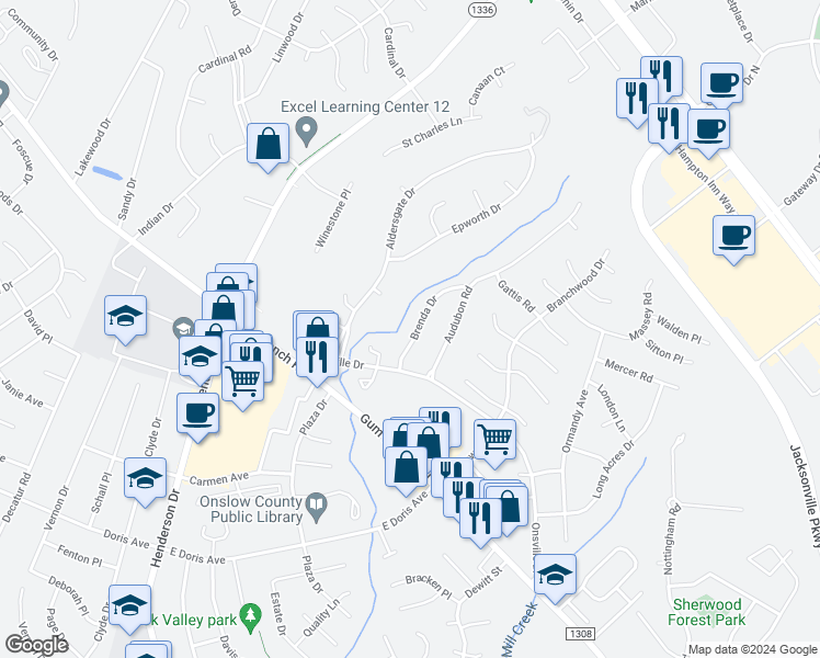 map of restaurants, bars, coffee shops, grocery stores, and more near 131 Brenda Drive in Jacksonville