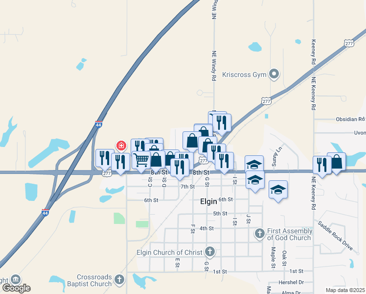 map of restaurants, bars, coffee shops, grocery stores, and more near 258 Glover Circle in Elgin