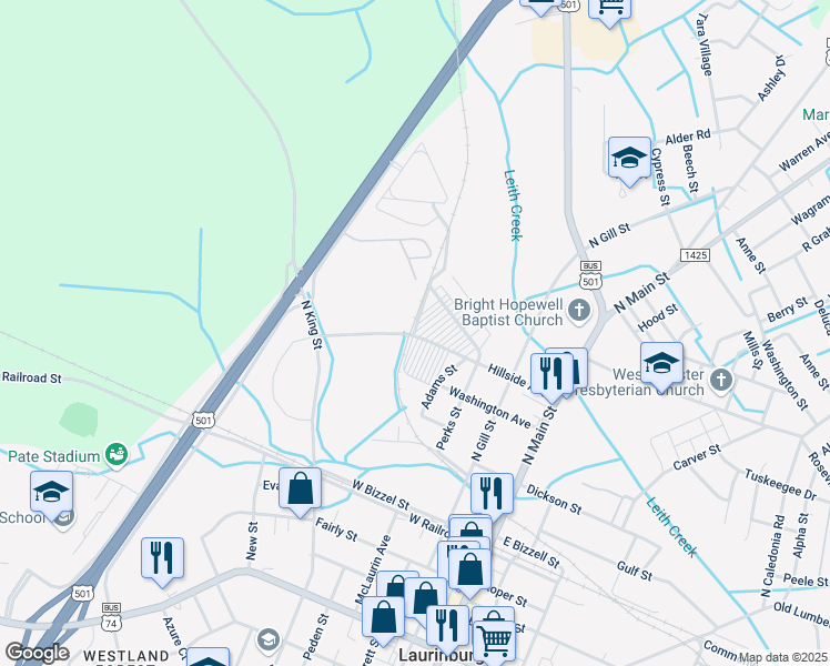 map of restaurants, bars, coffee shops, grocery stores, and more near 426 Hillside Cemetery in Laurinburg