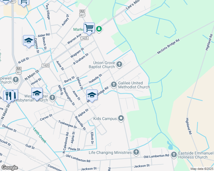 map of restaurants, bars, coffee shops, grocery stores, and more near 936 McGirts Bridge Road in Laurinburg