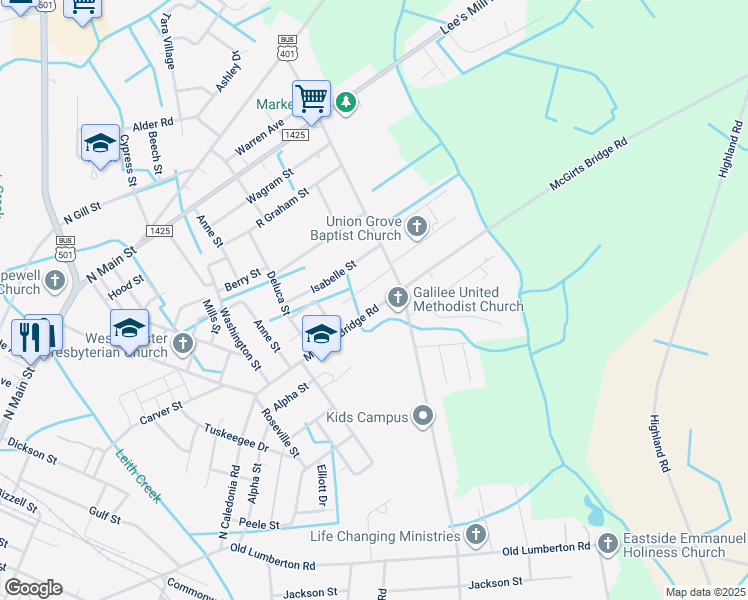 map of restaurants, bars, coffee shops, grocery stores, and more near 936 McGirts Bridge Road in Laurinburg